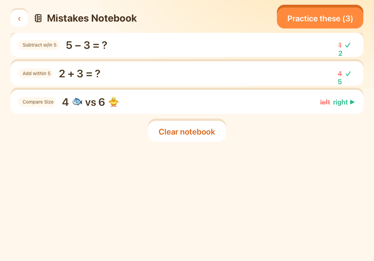Coco Math mistakes notebook screen
